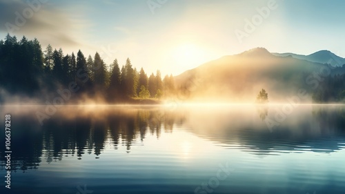 A tranquil, misty morning atmosphere over a serene lake, with soft sunlight filtering through dense fog and a gentle reflection of trees and mountains in the water.