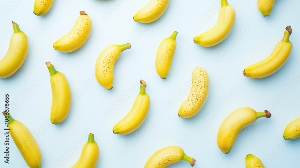 A flat lay of vibrant yellow bananas on a light blue background. A flat lay of vibrant yellow bananas on a light blue background.