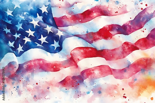 Flag of America, hand-drawn watercolor on white background