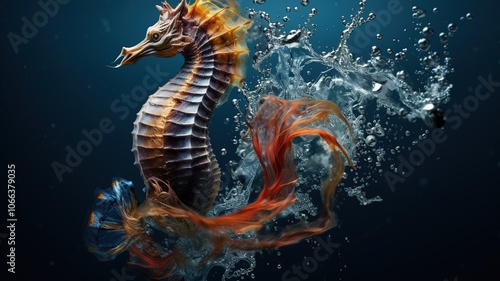 An abstract, artistic representation of a seahorse as a fluid, dynamic shape blending with swirling water currents and colorful marine patterns, evoking a sense of movement and fluidity.  photo