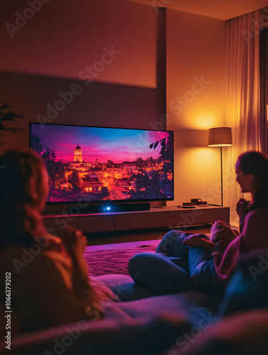 A family enjoying a movie night. TV Night