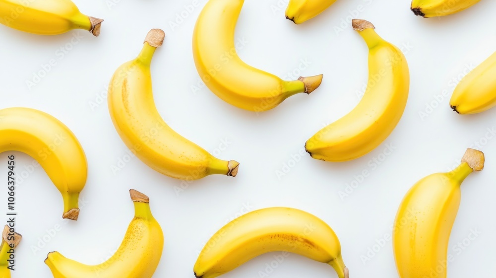 A flat lay of ripe yellow bananas on a white background. A flat lay of ripe yellow bananas on a white background.