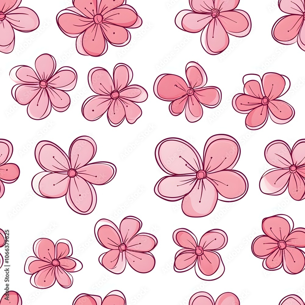 Delicate pink flowers, hand-drawn and repeated in a seamless pattern, perfect for feminine designs. Delicate pink flowers, hand-drawn and repeated in a seamless pattern, perfect for feminine designs.