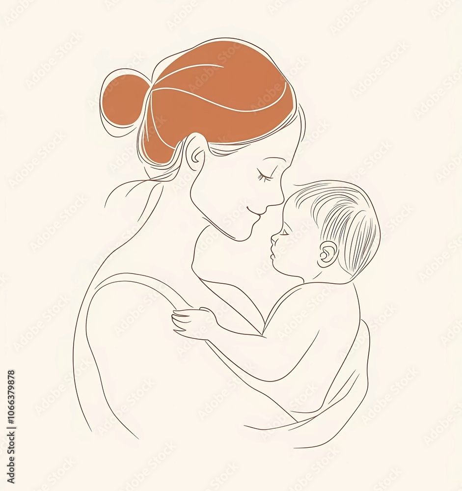 Beautiful mother holding baby in a simple line drawing style, with a white background Beautiful mother holding baby in a simple line drawing style, with a white background