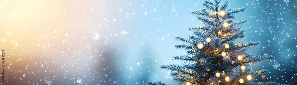 A Decorated Evergreen Tree with Snow Falling and Lights on a Blue and Yellow Background A Decorated Evergreen Tree with Snow Falling and Lights on a Blue and Yellow Background