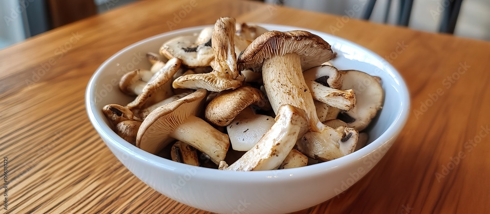 A bowl of mixed mushrooms, including shiitake and oyster, on a wooden table. A bowl of mixed mushrooms, including shiitake and oyster, on a wooden table.