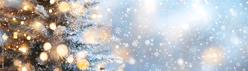 A Close-Up of a Snowy Pine Branch with Golden Lights and Falling Snowflakes A Close-Up of a Snowy Pine Branch with Golden Lights and Falling Snowflakes