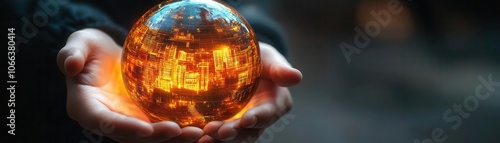 Hands holding holographic globe with property trends, focus on global real estate data photo