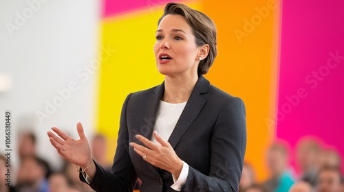 Woman in Tailored Suit Gesturing with Passion