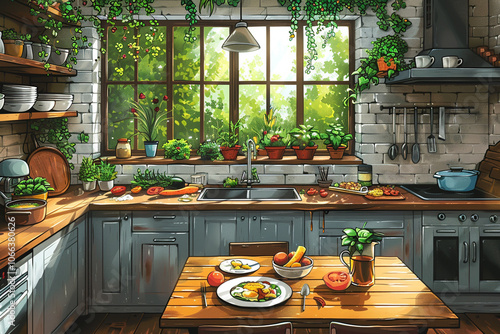 A family enjoys a wholesome meal at a sunlit kitchen table surrounded by lush greenery