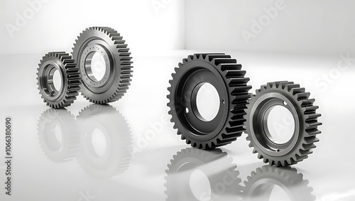 Isolated gears and wheels on a white background showing metal machinery parts in a mechanical and industrial concept photo