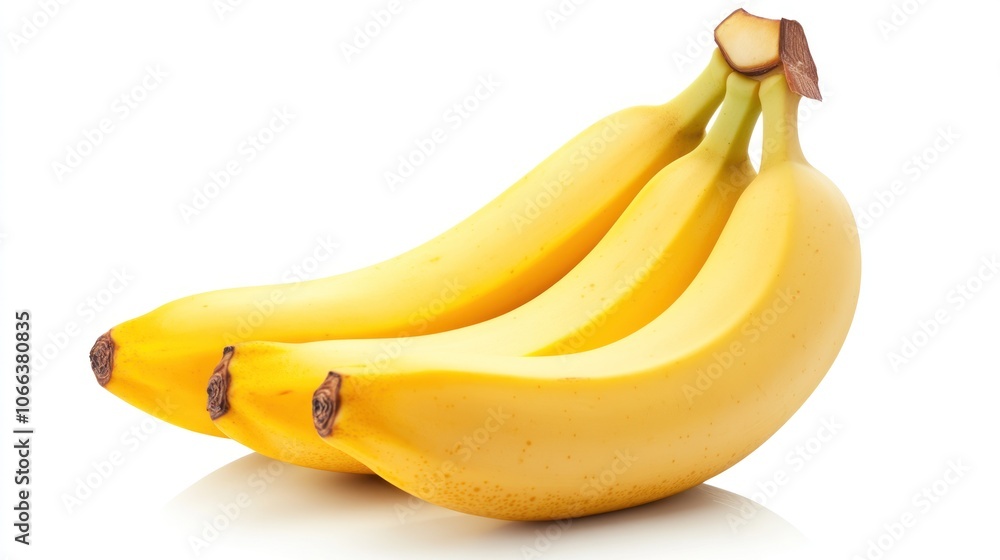 A cluster of three ripe yellow bananas on a white background. A cluster of three ripe yellow bananas on a white background.