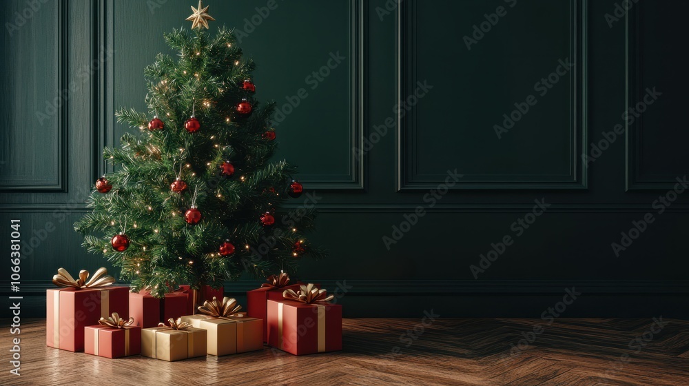 3D render Christmas background with gift boxes and christmas tree. Christmas tree with gift boxes on wooden table with generative ai 3D render Christmas background with gift boxes and christmas tree. Christmas tree with gift boxes on wooden table with generative ai