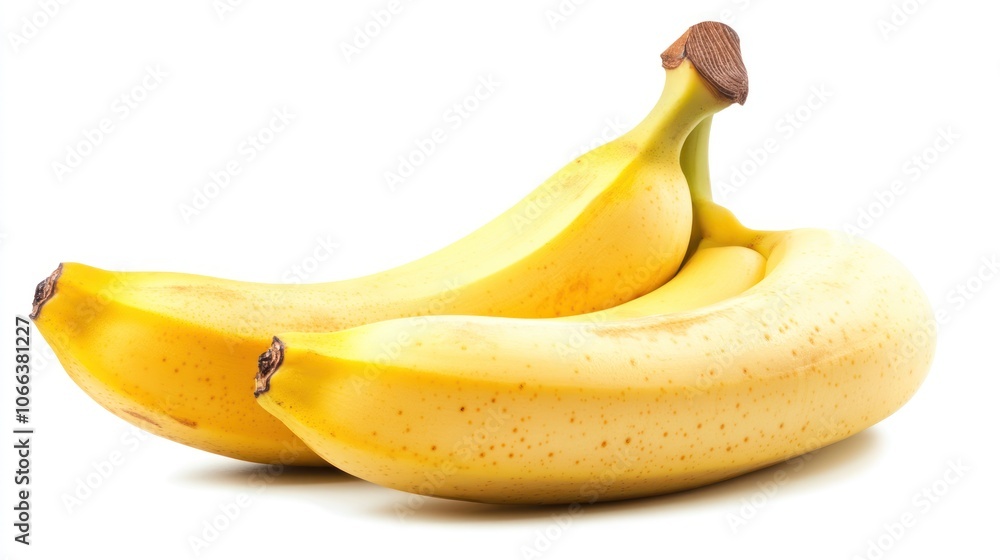 Two ripe yellow bananas on a white background, showcasing their natural shape and color. Two ripe yellow bananas on a white background, showcasing their natural shape and color.