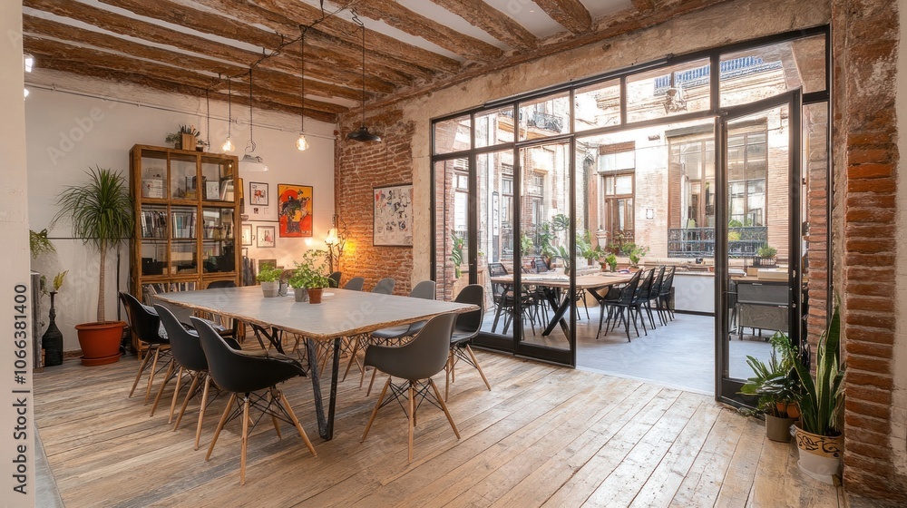 Fototapeta premium Modern conference room with large table, exposed brick walls, and wooden beams, opening to a patio.