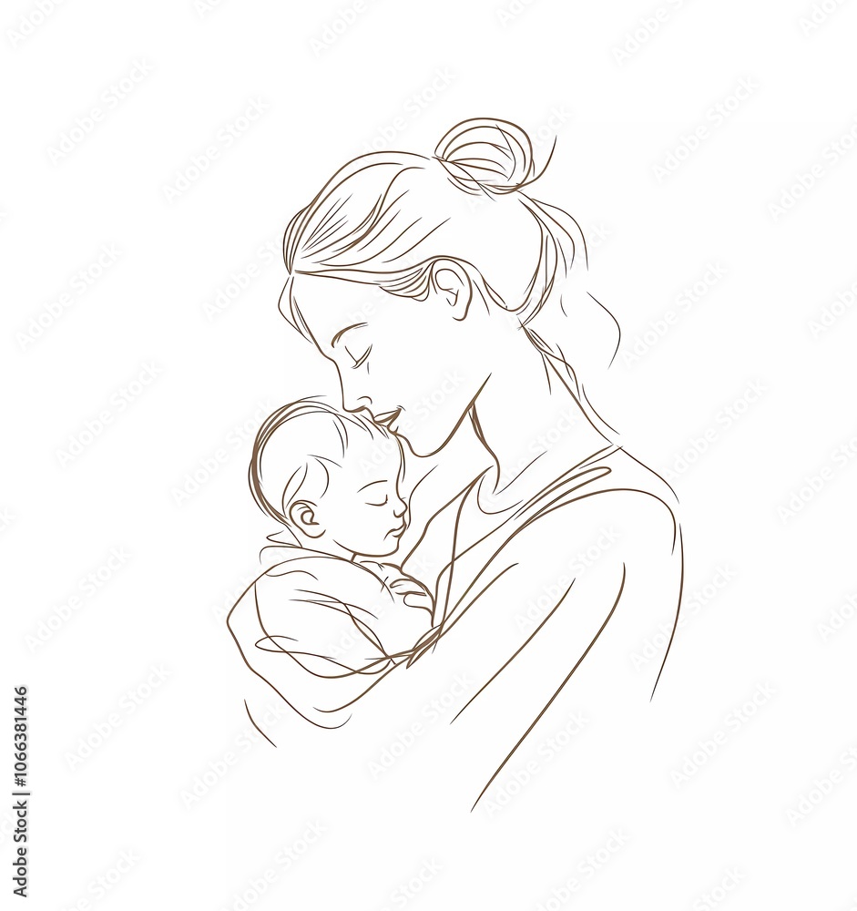 Simple line art drawing of a mother holding a baby, on a white background.