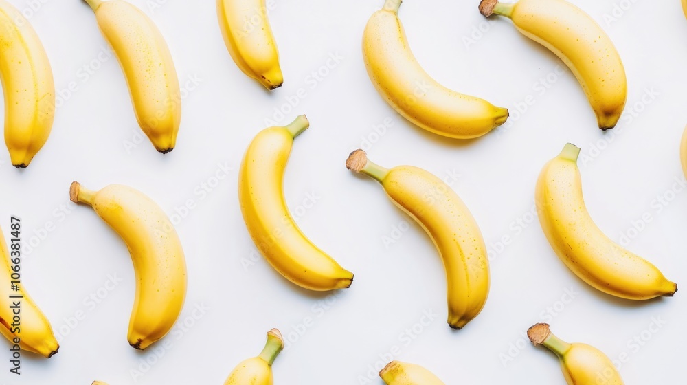 A flat lay of vibrant yellow bananas arranged on a white background. A flat lay of vibrant yellow bananas arranged on a white background.