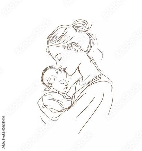 Obraz na płótnie Simple line art drawing of a mother holding a baby, on a white background. w salonie