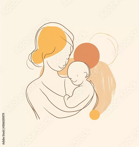 Ultraminimalistic, simple, clean-line art of a mother holding a baby, with a pastel, peachy-beige background.  photo