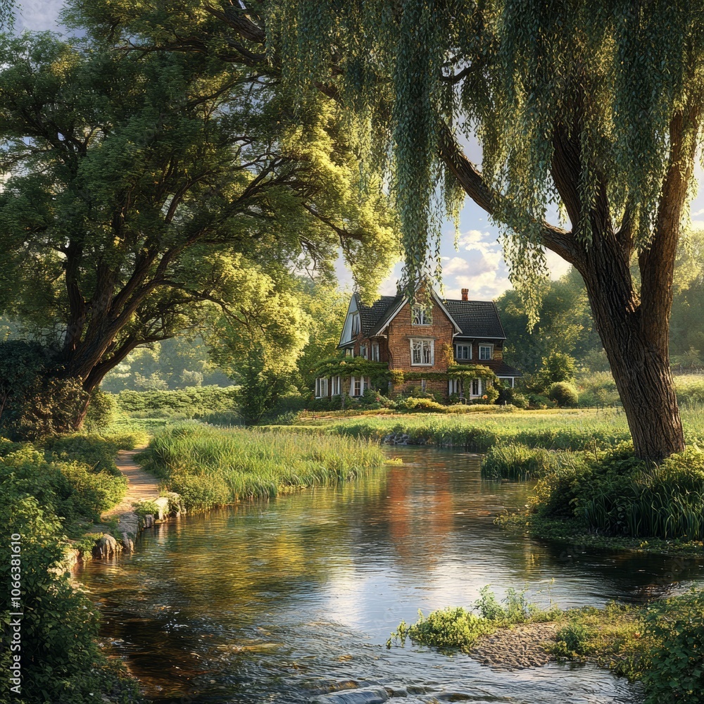 Fototapeta premium Idyllic Riverfront Home Tranquil Landscape Summer Scene