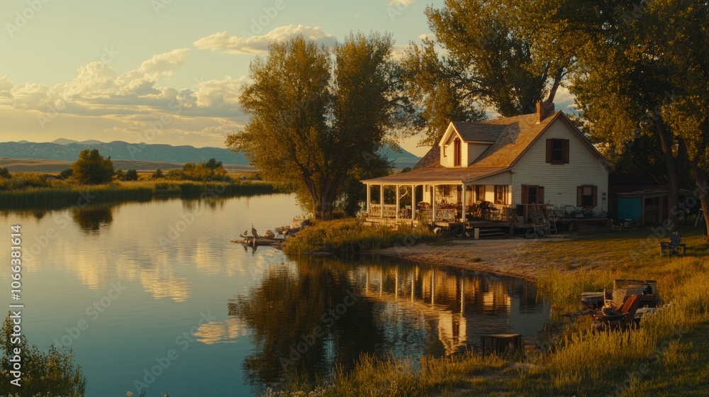 Fototapeta premium Lakeside Farmhouse Sunset Tranquil Rural Home Peaceful River Scene