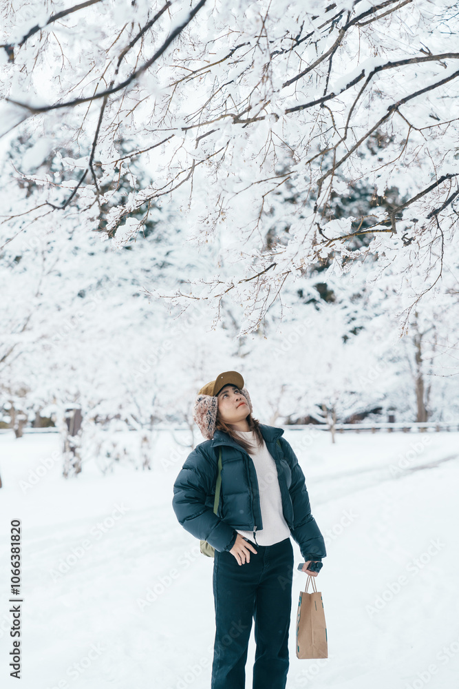 Traveler with Sweater and backpack walking on snow covered forest in frosty weather. Winter Travel, Adventure, Exploring and Vacation concept Traveler with Sweater and backpack walking on snow covered forest in frosty weather. Winter Travel, Adventure, Exploring and Vacation concept