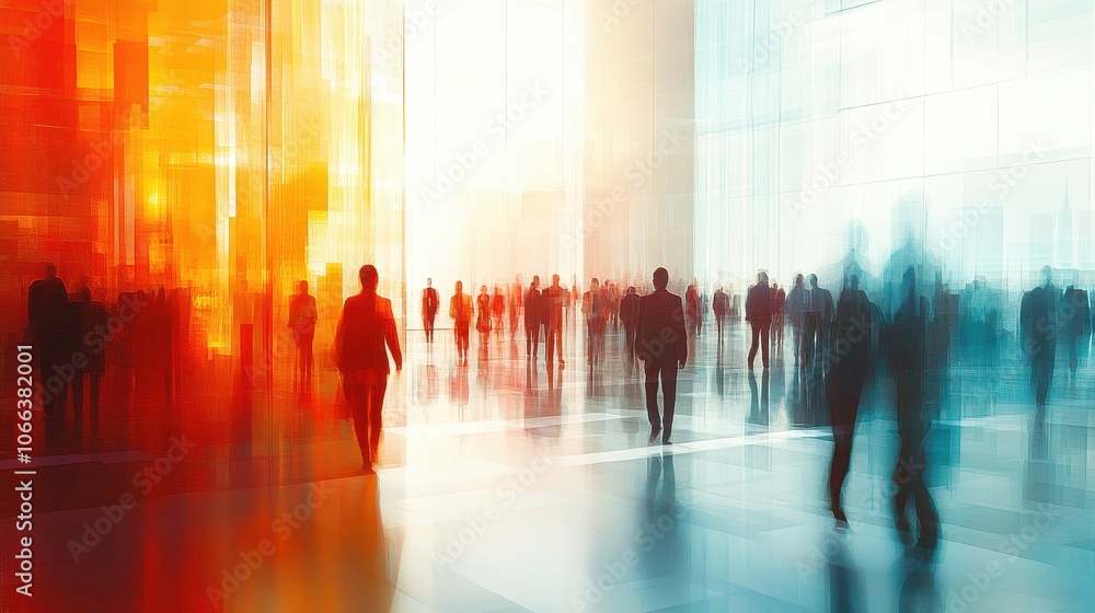 Abstract Silhouettes of People Walking in Modern Urban Environment with Vibrant Colors and Reflections Abstract Silhouettes of People Walking in Modern Urban Environment with Vibrant Colors and Reflections