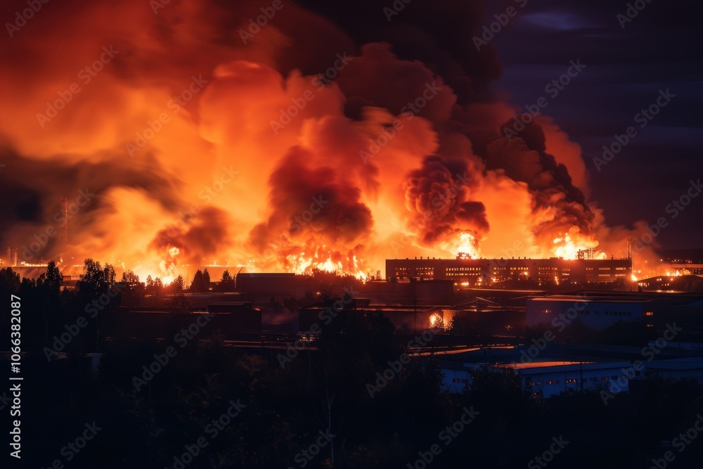 Large-scale fire at the factory. . Industrial accident Large-scale fire at the factory. . Industrial accident