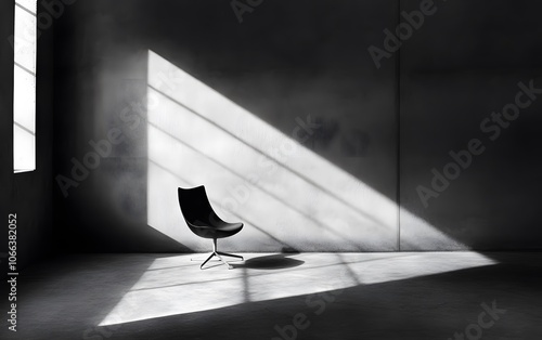 A minimalist black chair in a dimly lit room, highlighted by dramatic shadows and natural light streaming through the window. photo