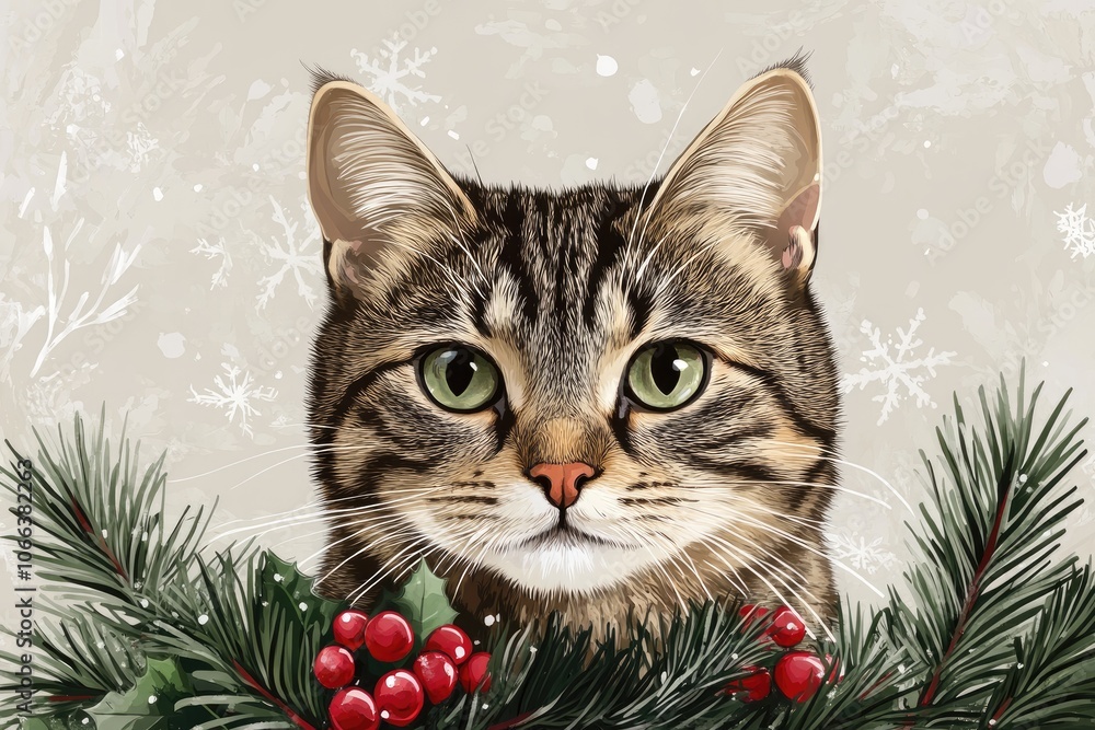 Tabby Cat Portrait with Wintery Greenery and Red Berries Tabby Cat Portrait with Wintery Greenery and Red Berries