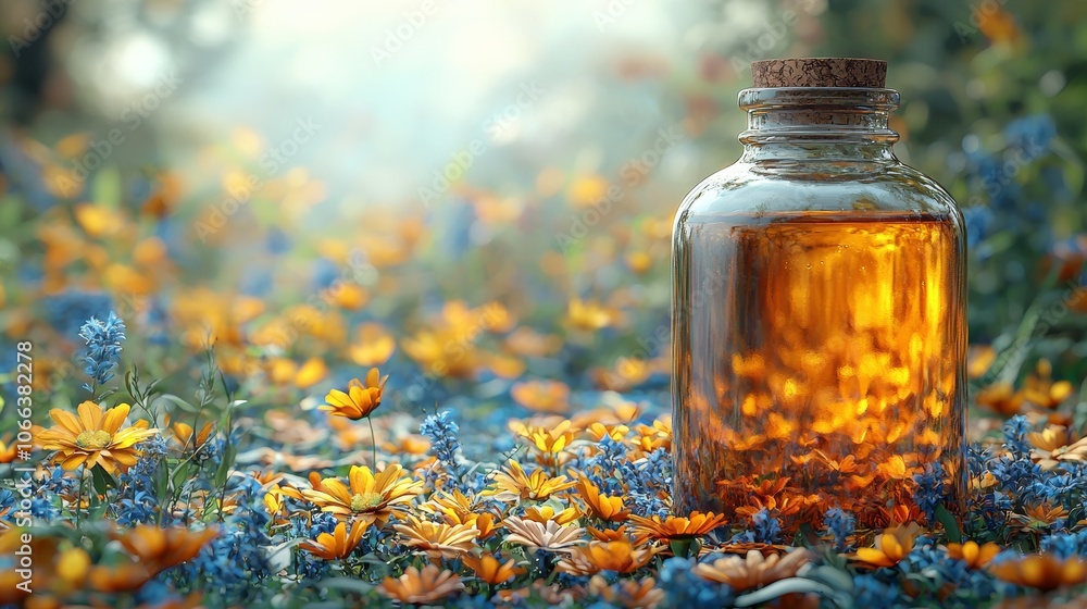 Essential Oil Bottle in a Flower Field Essential Oil Bottle in a Flower Field