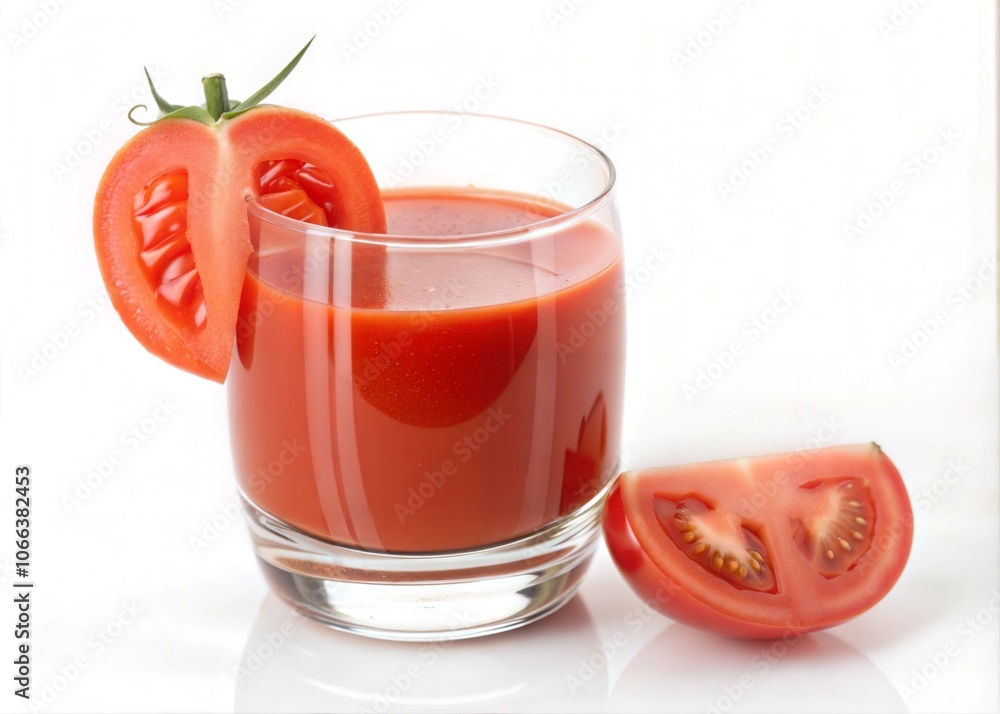 Glass of tomato juice with tomato slice isolated on white background Glass of tomato juice with tomato slice isolated on white background