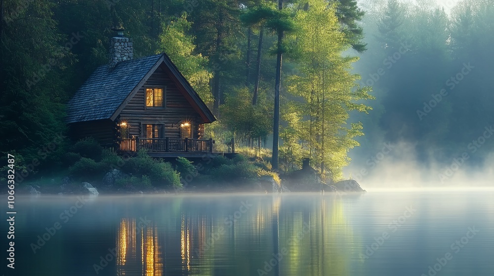 Fototapeta premium Serene Lakeside Log Cabin Sunrise Misty Forest Escape