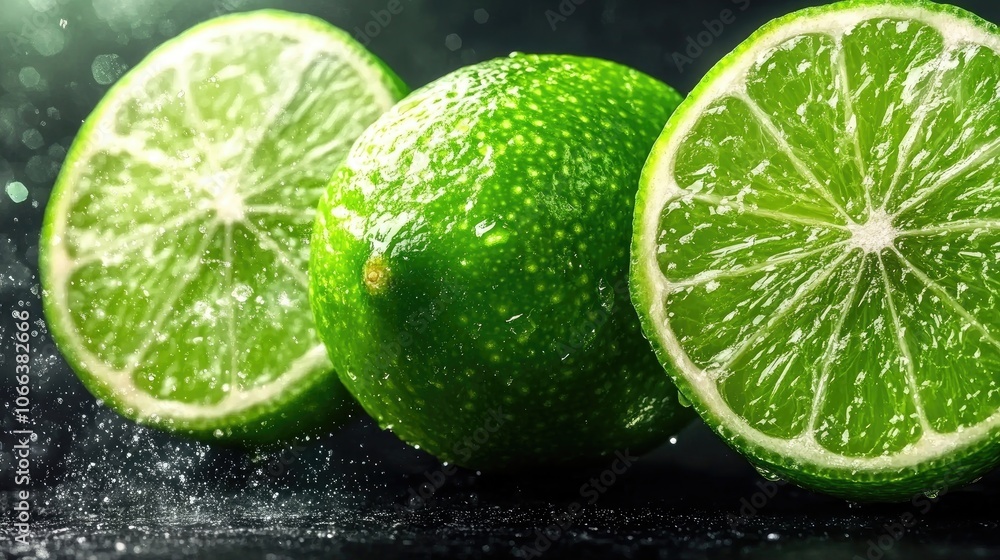 Whole and sliced limes vibrant green citrus fruit isolated on a transparent background Whole and sliced limes vibrant green citrus fruit isolated on a transparent background