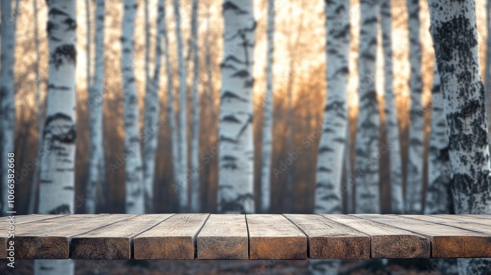 Wooden table featuring ample copy space set against a backdrop of stunning birch trees Wooden table featuring ample copy space set against a backdrop of stunning birch trees