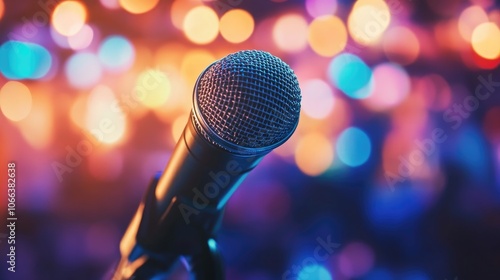 Vocal microphone positioned on stage with a bokeh effect from vibrant concert lights highlighting the karaoke theme