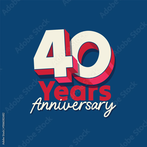 40 years anniversary 3d typography logo with modern bold font and red ribbon. 40th anniversary greeting card, poster, banner, template. 40th Wedding anniversary badge. Company Birthday celebration.