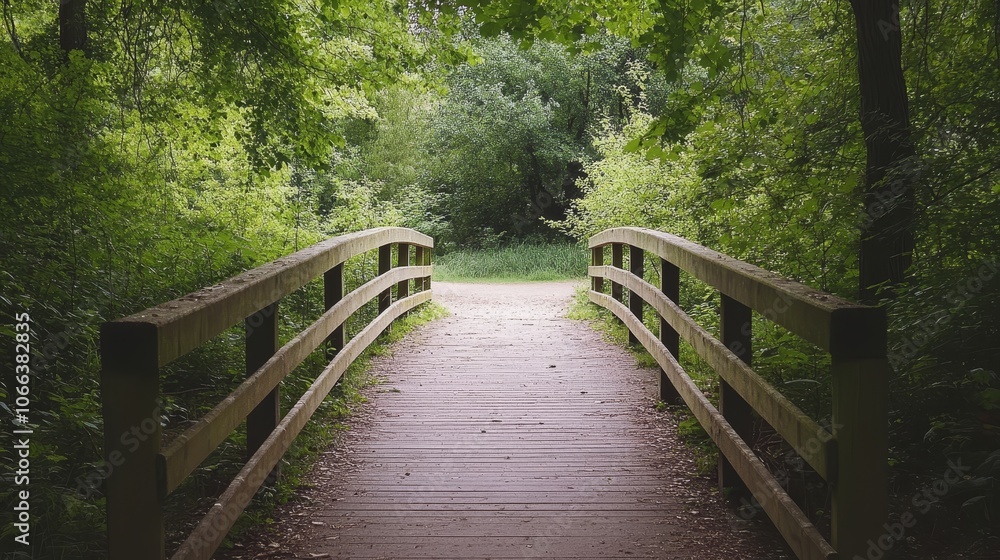 A serene wooden bridge leads through lush greenery, inviting exploration of nature's beauty. A serene wooden bridge leads through lush greenery, inviting exploration of nature's beauty.