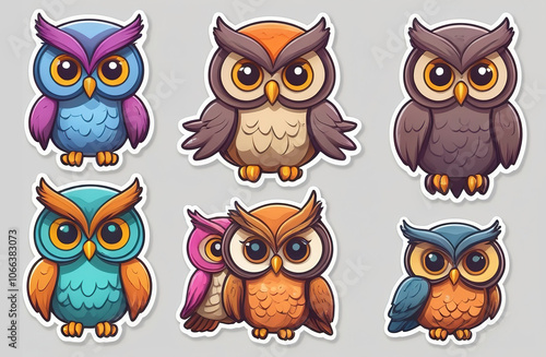 Cute owl cartoon sticker set with playful designs, isolated on a white background.   photo