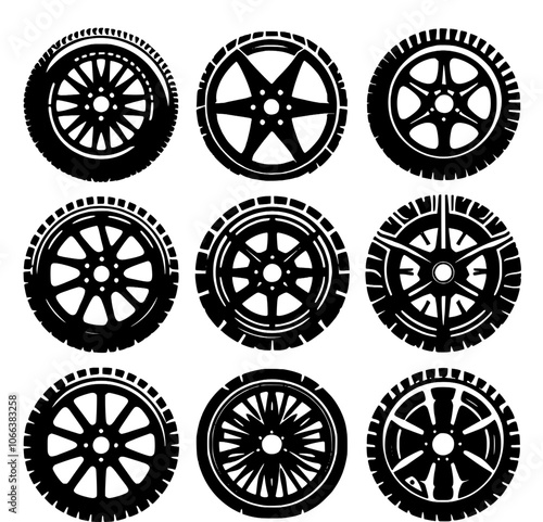 Illustration featuring nine distinct black and white car tire and wheel designs. Each design showcases unique patterns and styles, ideal for automo