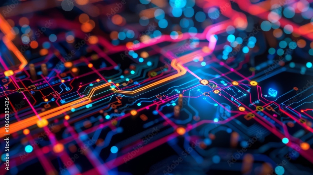 Colorful electronic printed circuit board with glowing details showing the concept of data transferring in computer technologies Colorful electronic printed circuit board with glowing details showing the concept of data transferring in computer technologies