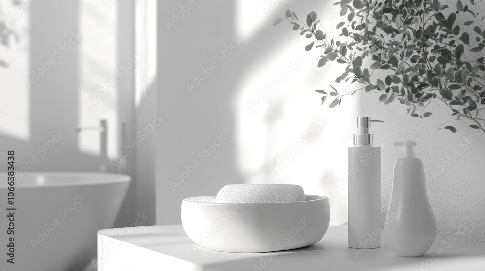 White cosmetic bottle placed on a white table within a contemporary bathroom setting White cosmetic bottle placed on a white table within a contemporary bathroom setting