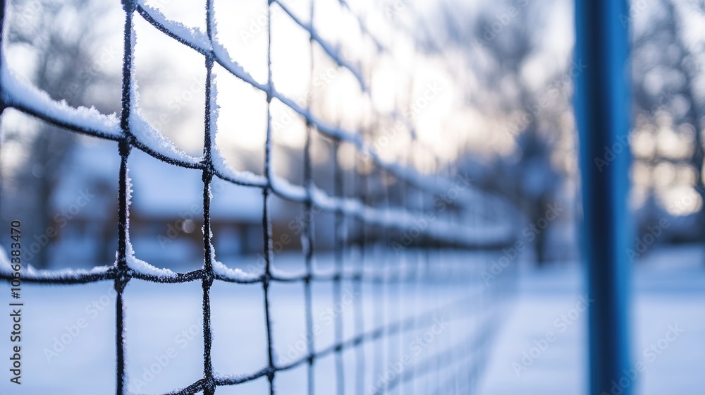 Volleyball net on a snowy winter day with a soft focus backdrop of trees and buildings in a rural setting Volleyball net on a snowy winter day with a soft focus backdrop of trees and buildings in a rural setting