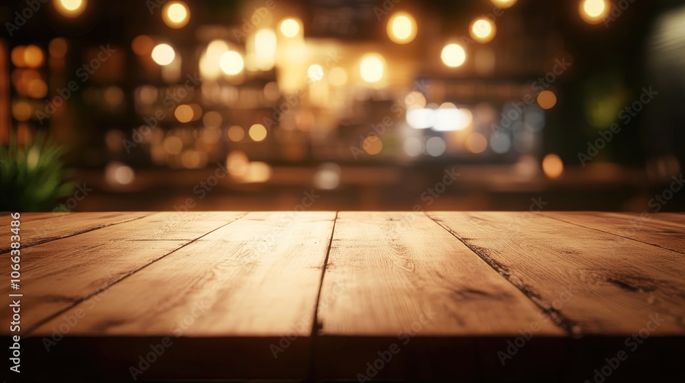 Wooden dining table set in a softly blurred illuminated restaurant atmosphere Wooden dining table set in a softly blurred illuminated restaurant atmosphere