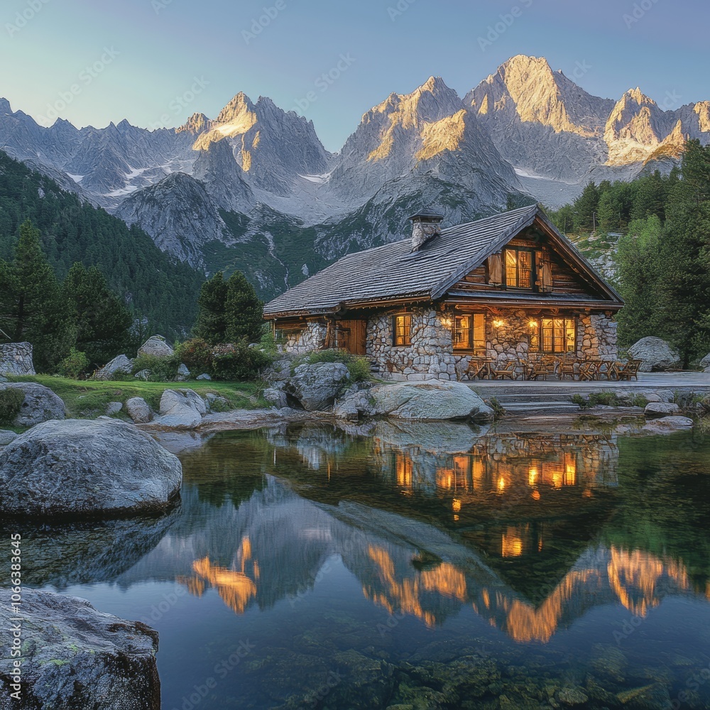 Naklejka premium Majestic Mountain Cabin Reflection Peaceful Lakeside Retreat