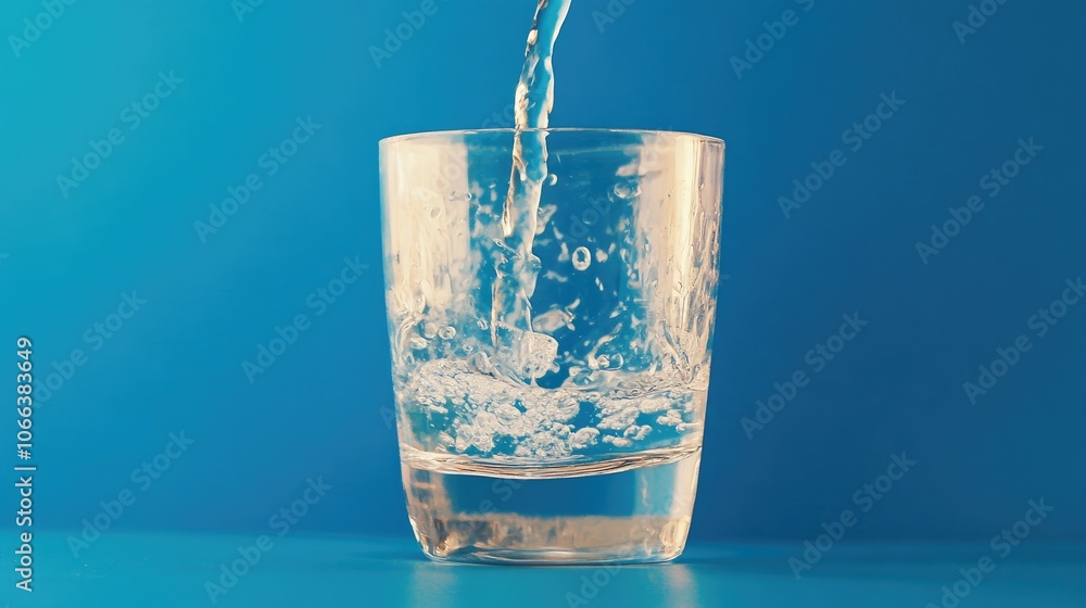 Water being poured into a glass set against a blue backdrop Water being poured into a glass set against a blue backdrop