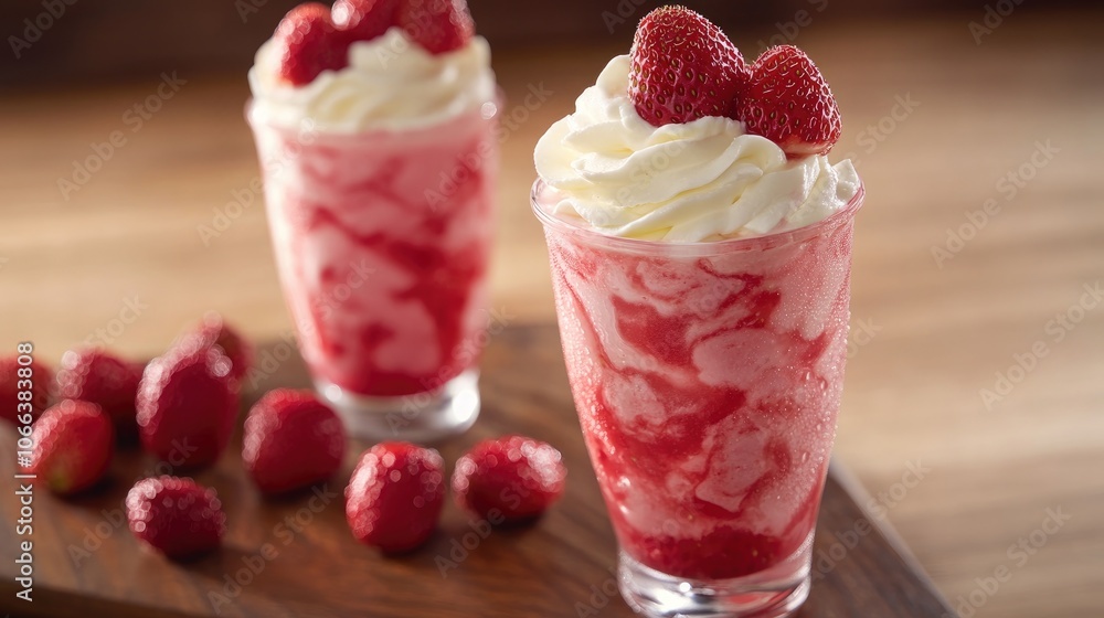 Wild strawberries topped with creamy whipped topping Wild strawberries topped with creamy whipped topping
