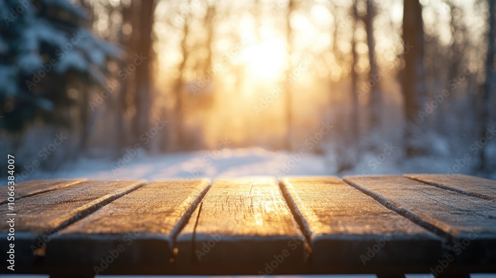 Wooden tabletop in a sunlit winter forest at dawn High quality image showcasing a serene natural setting