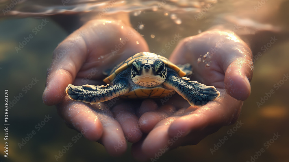 A little baby turtle rests safely in the hands of a kind fisherman who rescued it. A little baby turtle rests safely in the hands of a kind fisherman who rescued it.