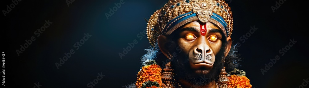 A striking depiction of a deity with a monkey face, adorned in vibrant jewelry and floral garlands, radiating a mystical aura. A striking depiction of a deity with a monkey face, adorned in vibrant jewelry and floral garlands, radiating a mystical aura.